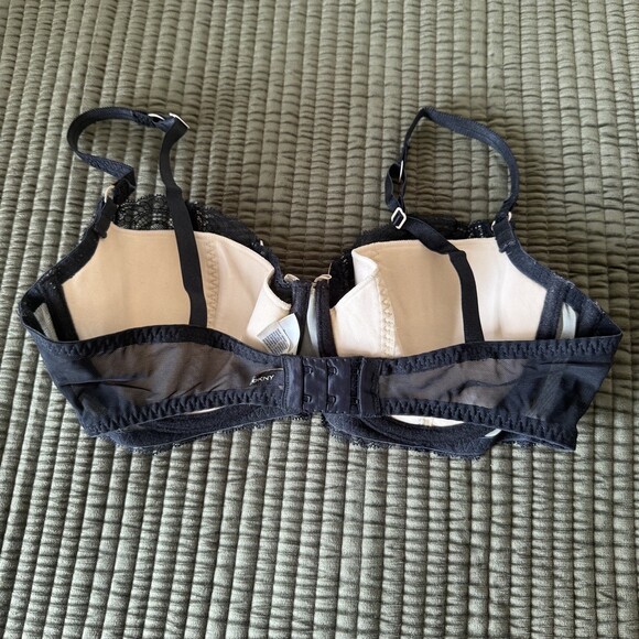 DKNY 34D Black Lace Balconette Plunge Sheer Floral Underwire Bra Lingerie - Picture 4 of 15
